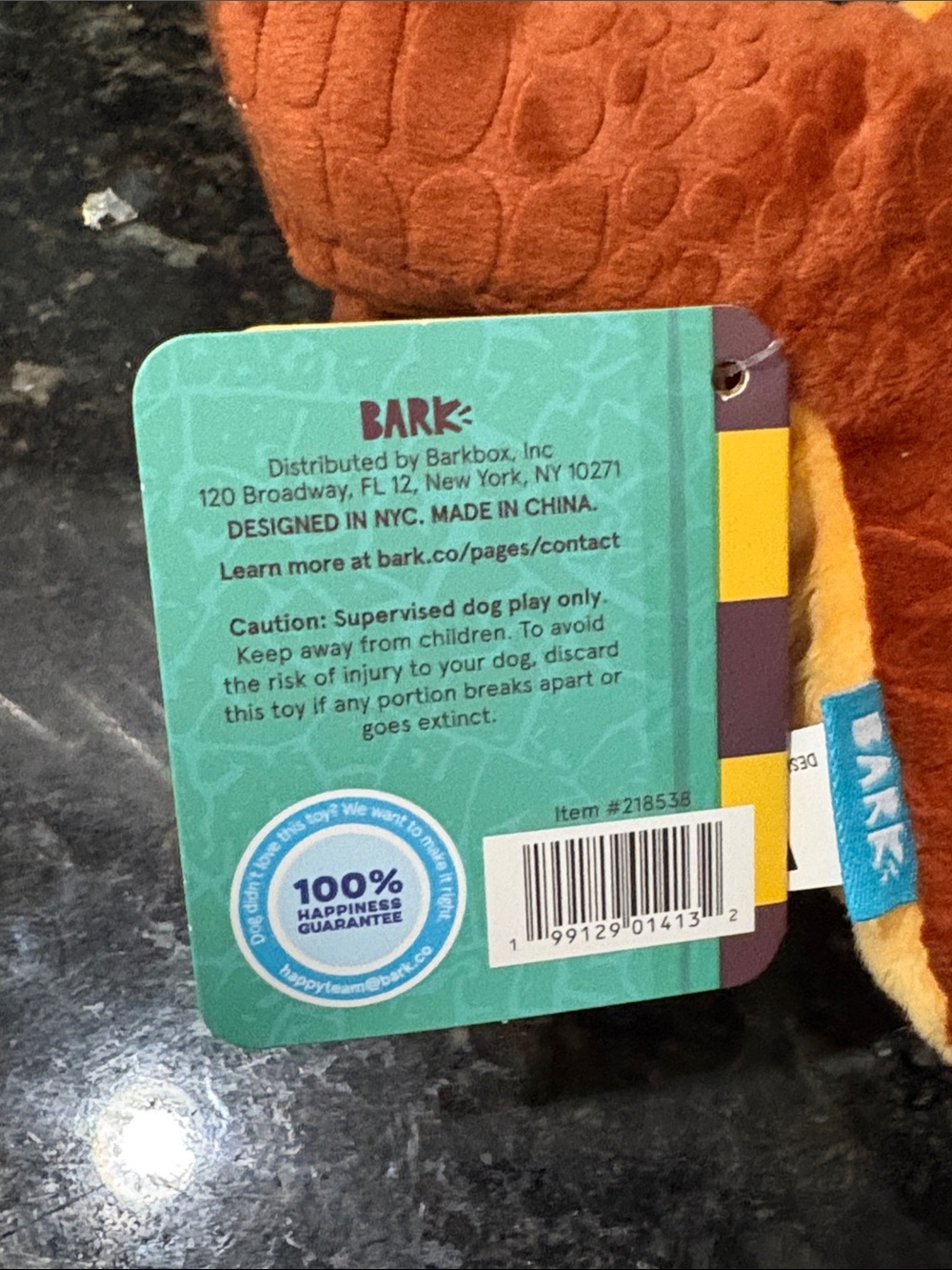 Bark Orange and Yellow Plush T-Rex Dog Toy - Picture 2 of 7